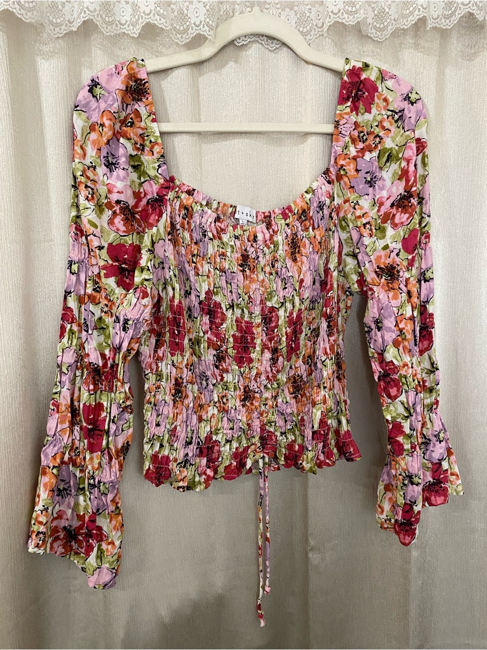 Kit + Sky Floral Smocked Crop Top Long Sleeve Boho Cottagecore Size Large